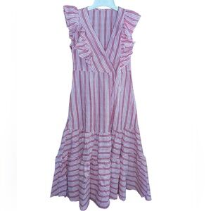 Milumia Women Striped Wrap V Neck Fit & Flare Red White Seersucker Ruffle Dress